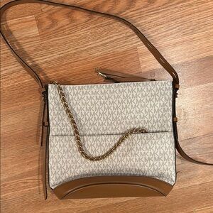 Michael Kors Brown and Cream Shoulder Bag with Adjustable Strap and Flap Closure